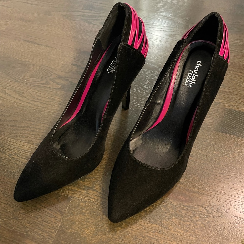 Black and pink suede pumps, 4” heel